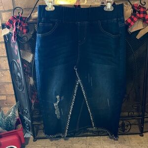 Dark Blue Denim Skirt with Frayed Hem